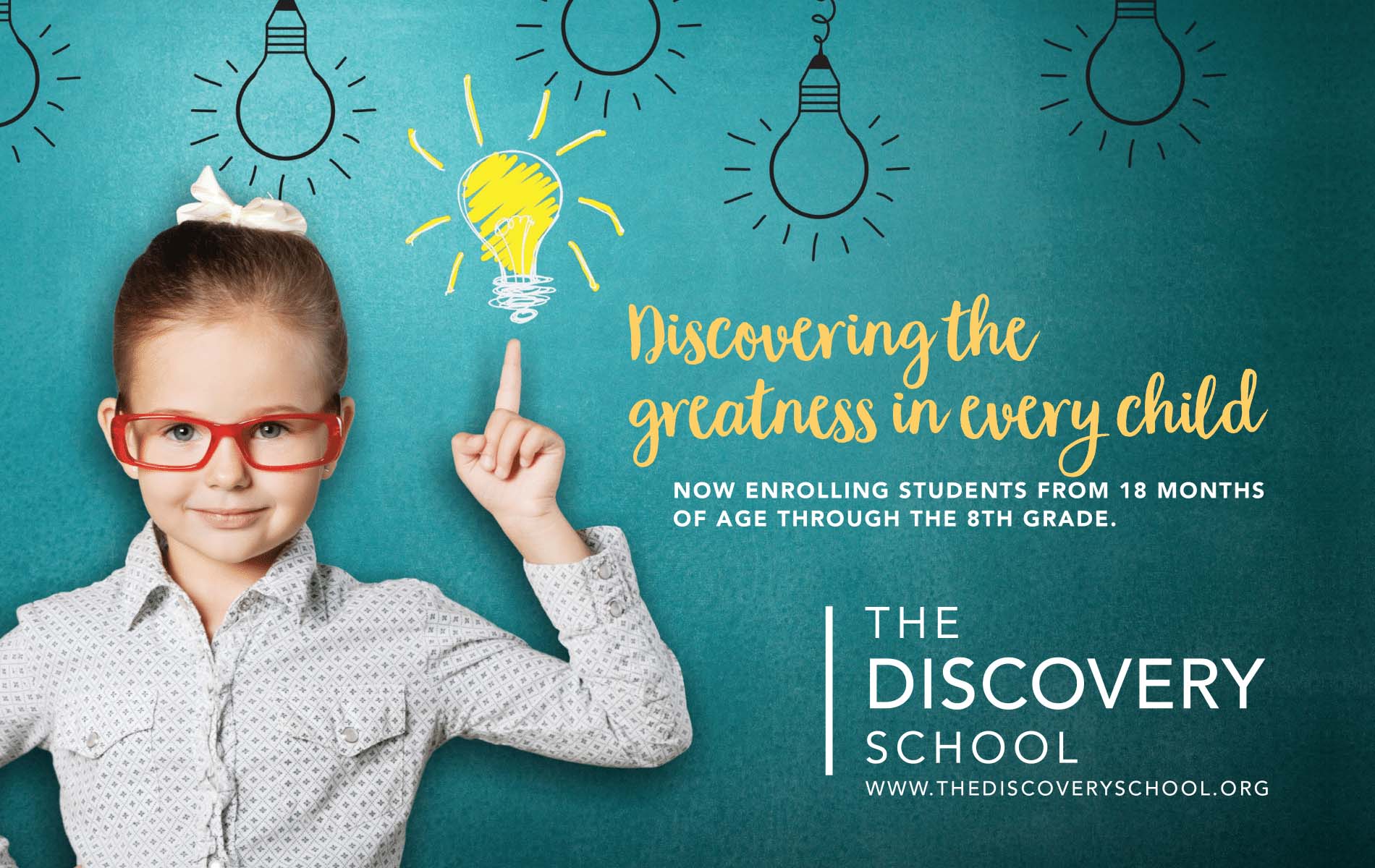 Child pointing at lightbulb idea illustration, school enrollment ad.