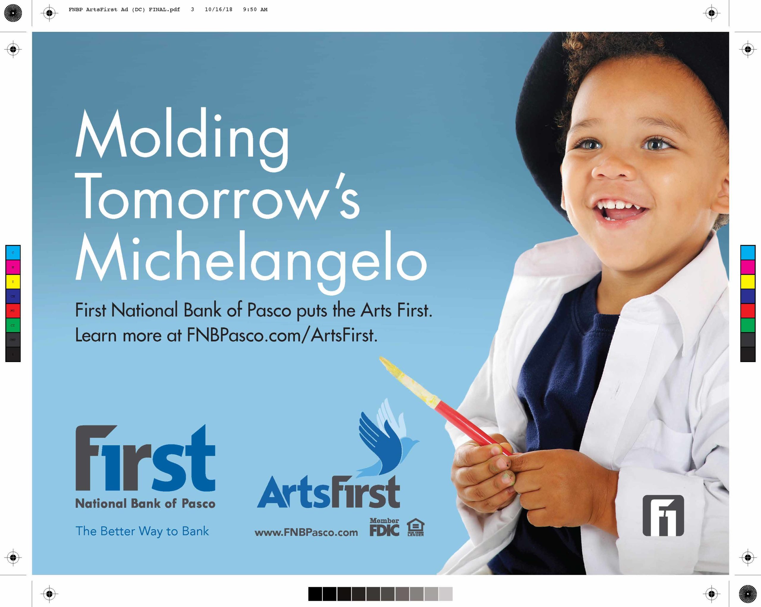 Child holding paintbrush in First National Bank ad.