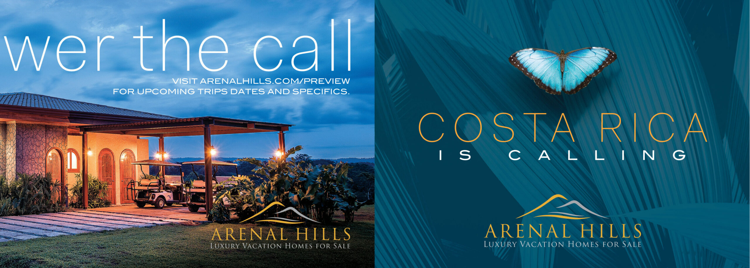 Arenal Hills vacation homes advertisement, Costa Rica scenery.