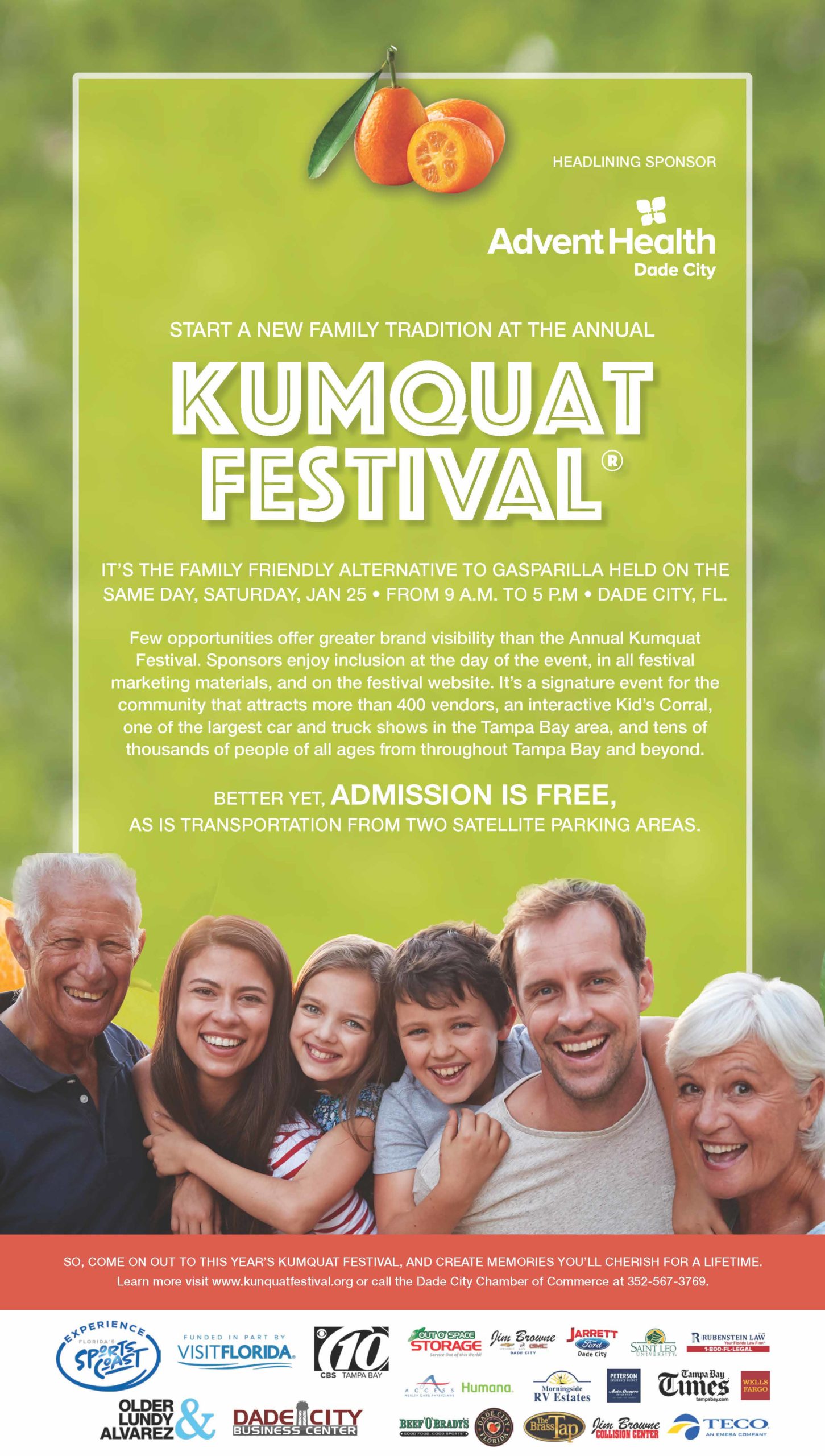 Kumquat Festival promotional poster with family and event details.