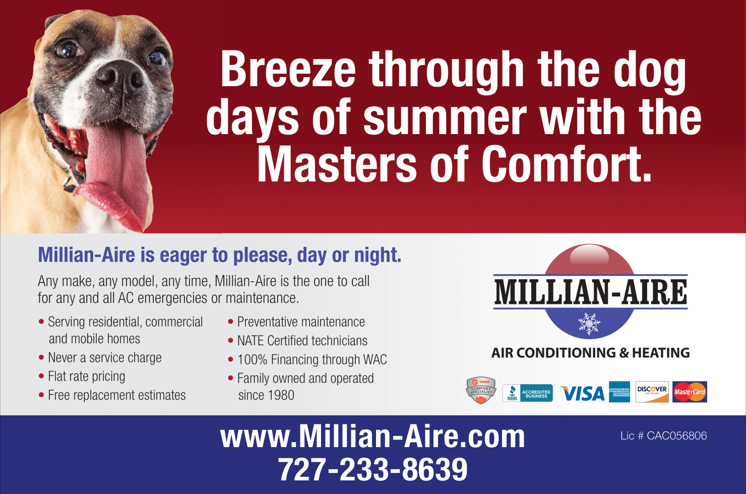 HVAC service ad with dog, Millian-Aire company logo, contact info.