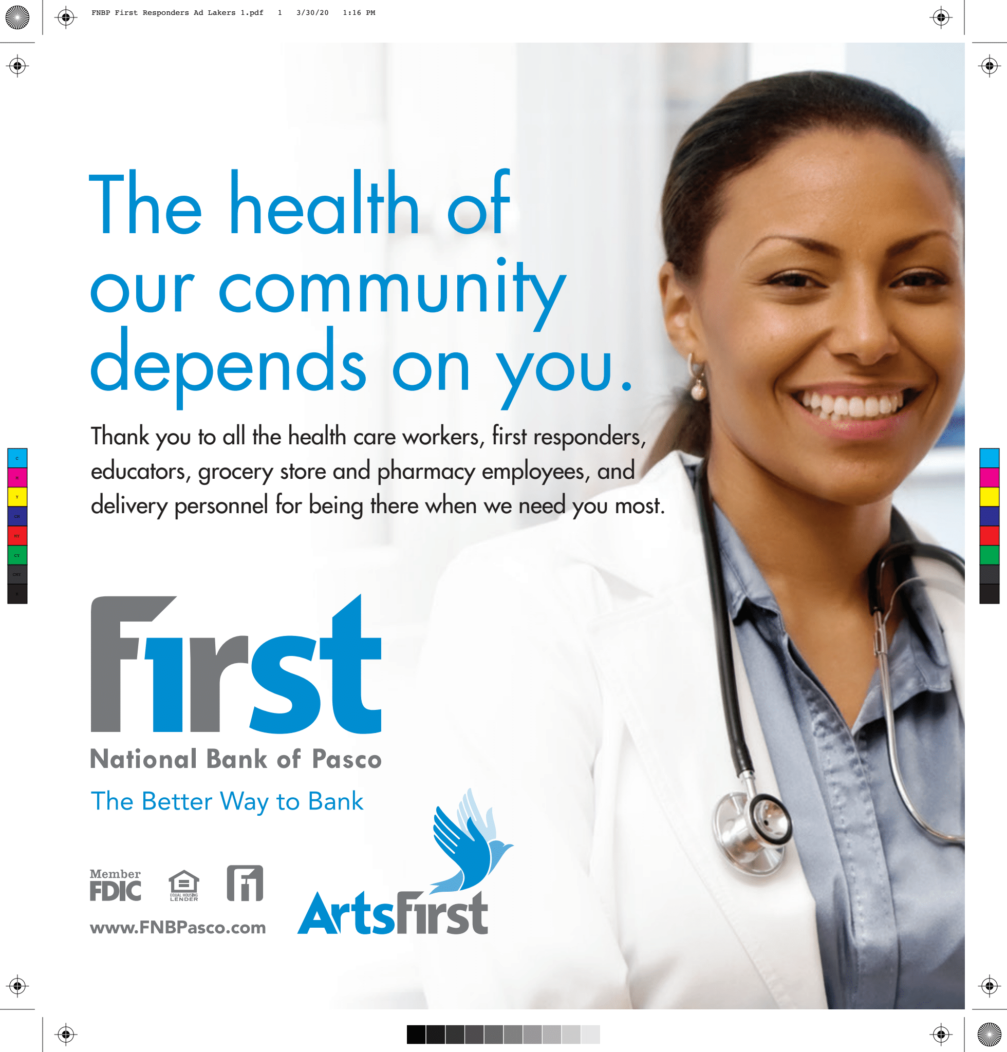 Smiling healthcare worker in ad for community support.