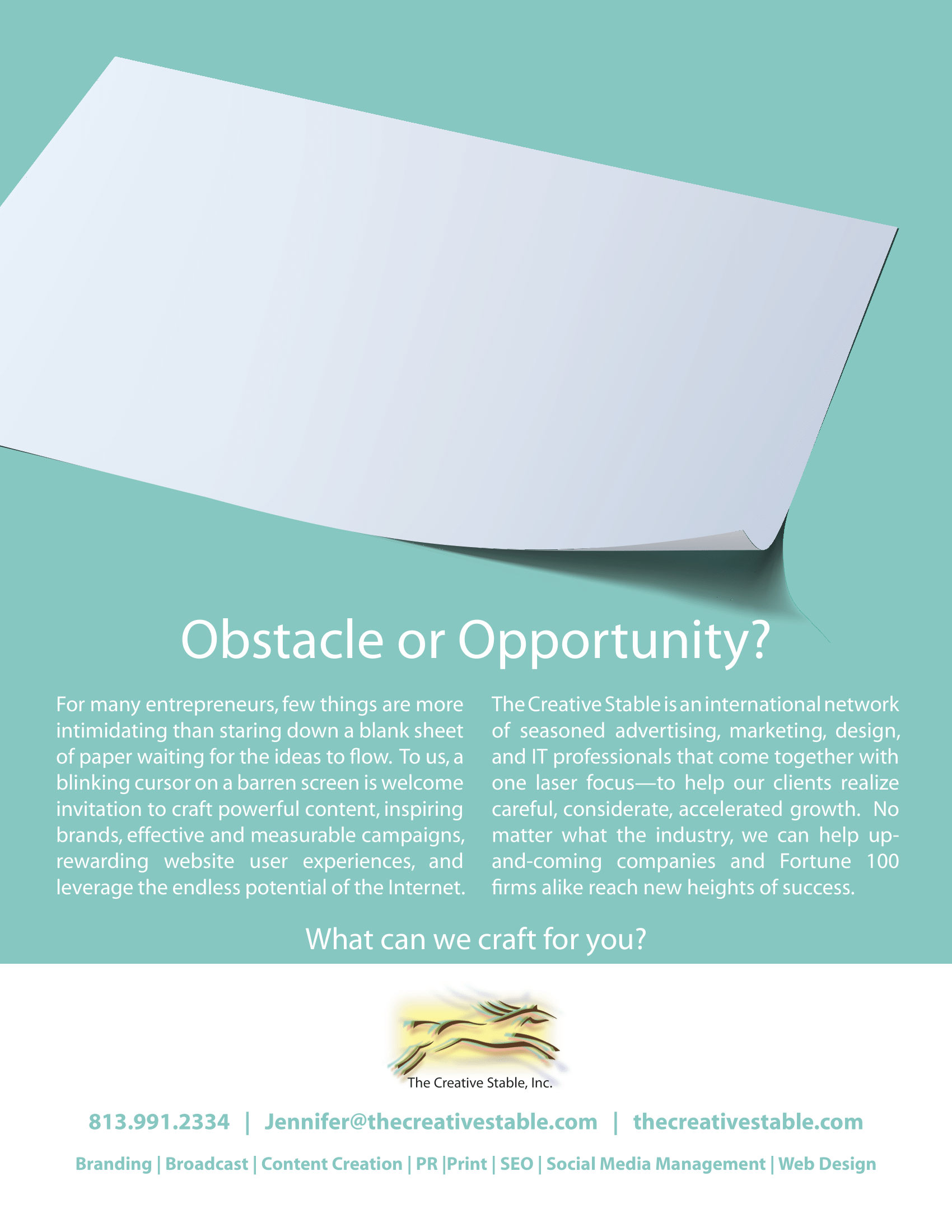 Marketing agency advertisement with contact information.
