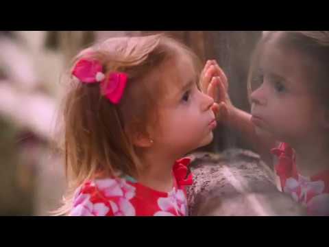 Girl with pink bows touching her reflection.