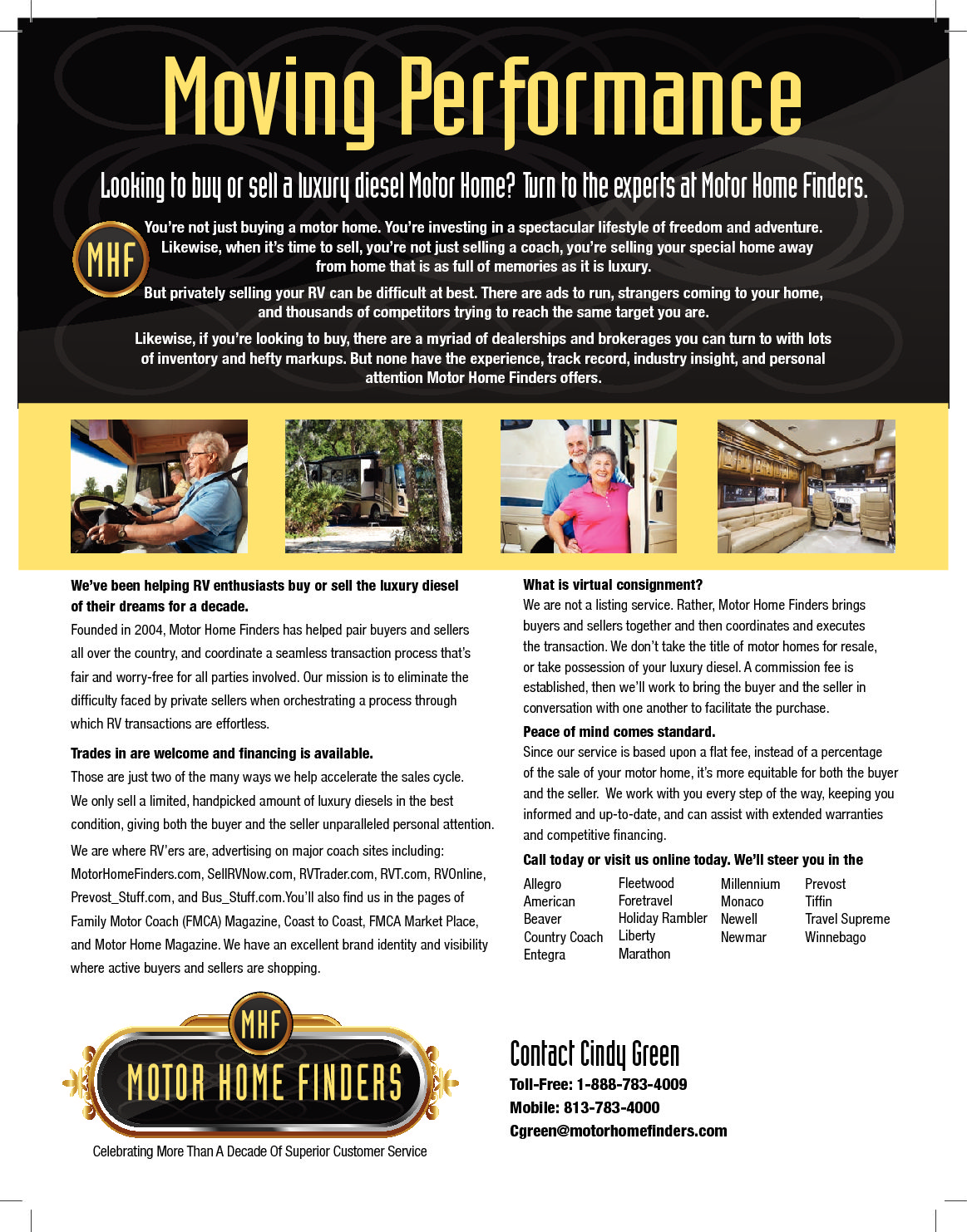 Motor Home Finders ad for buying and selling luxury RVs.