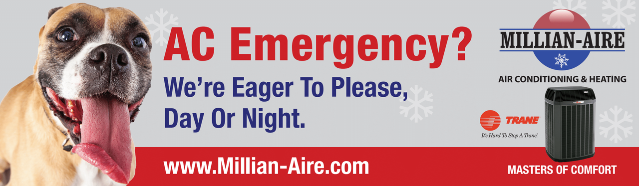 24/7 AC emergency services advertisement with cute dog.