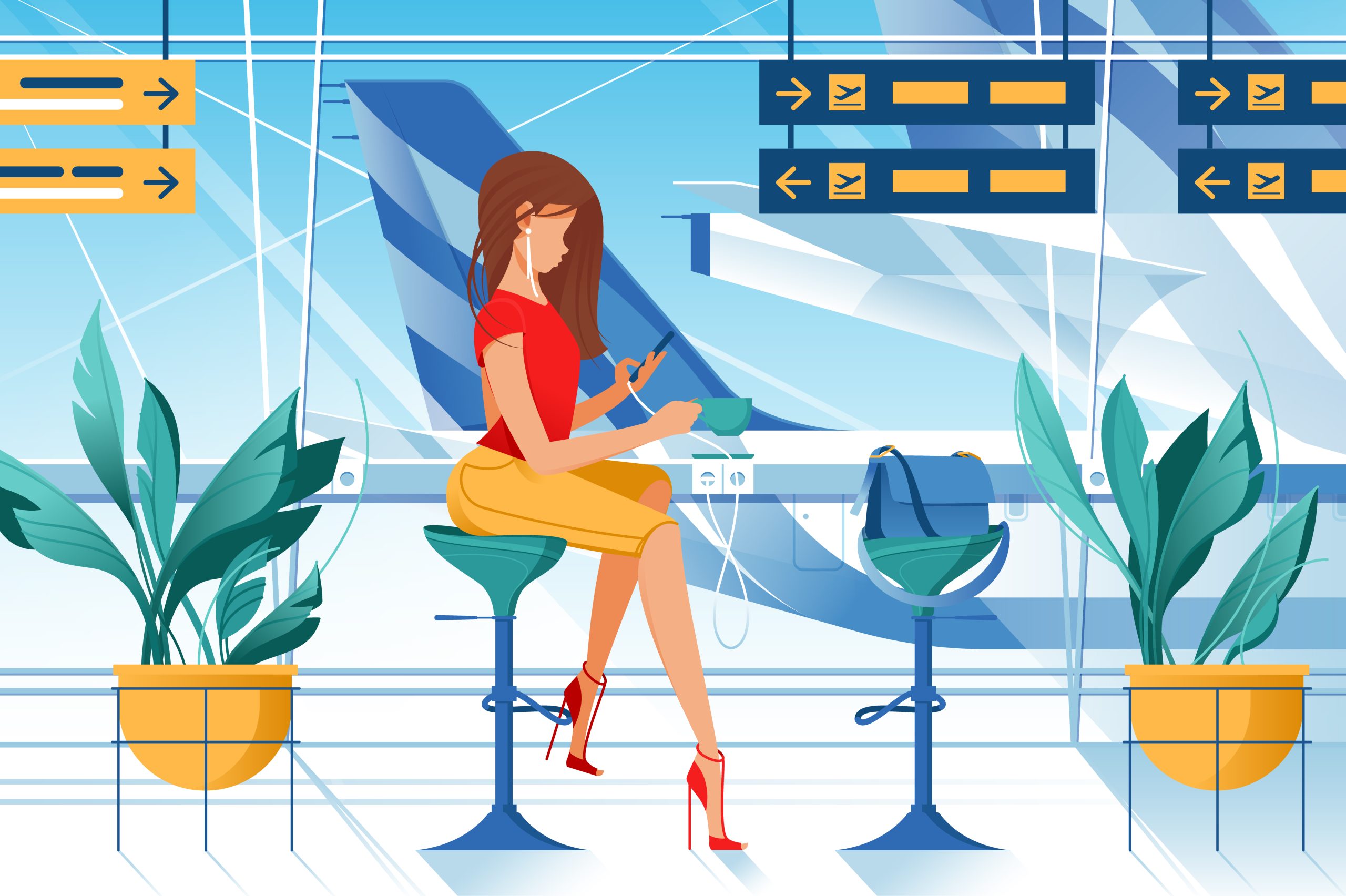 Flat young woman with headphone, cup of tea and bag on airport.