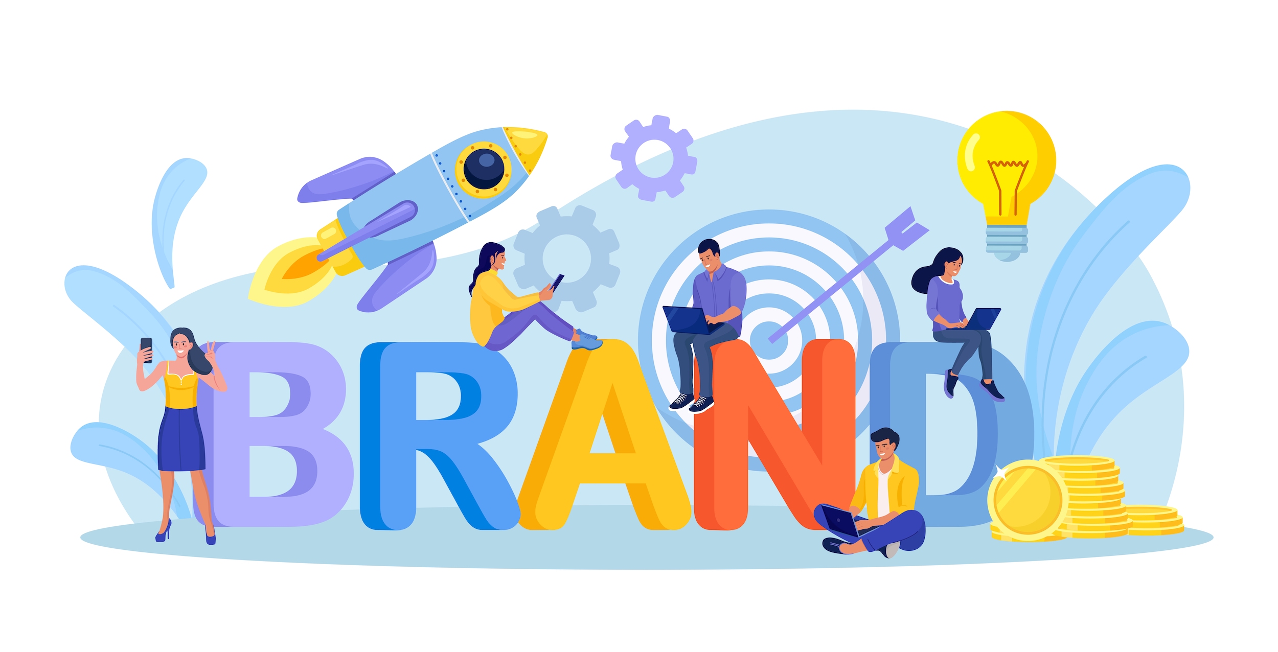 New brand. Marketing specialists creating trademark. Corporate identity, company personality development. Branding campaign, marketing strategy. Business project, start up launch Reputation management