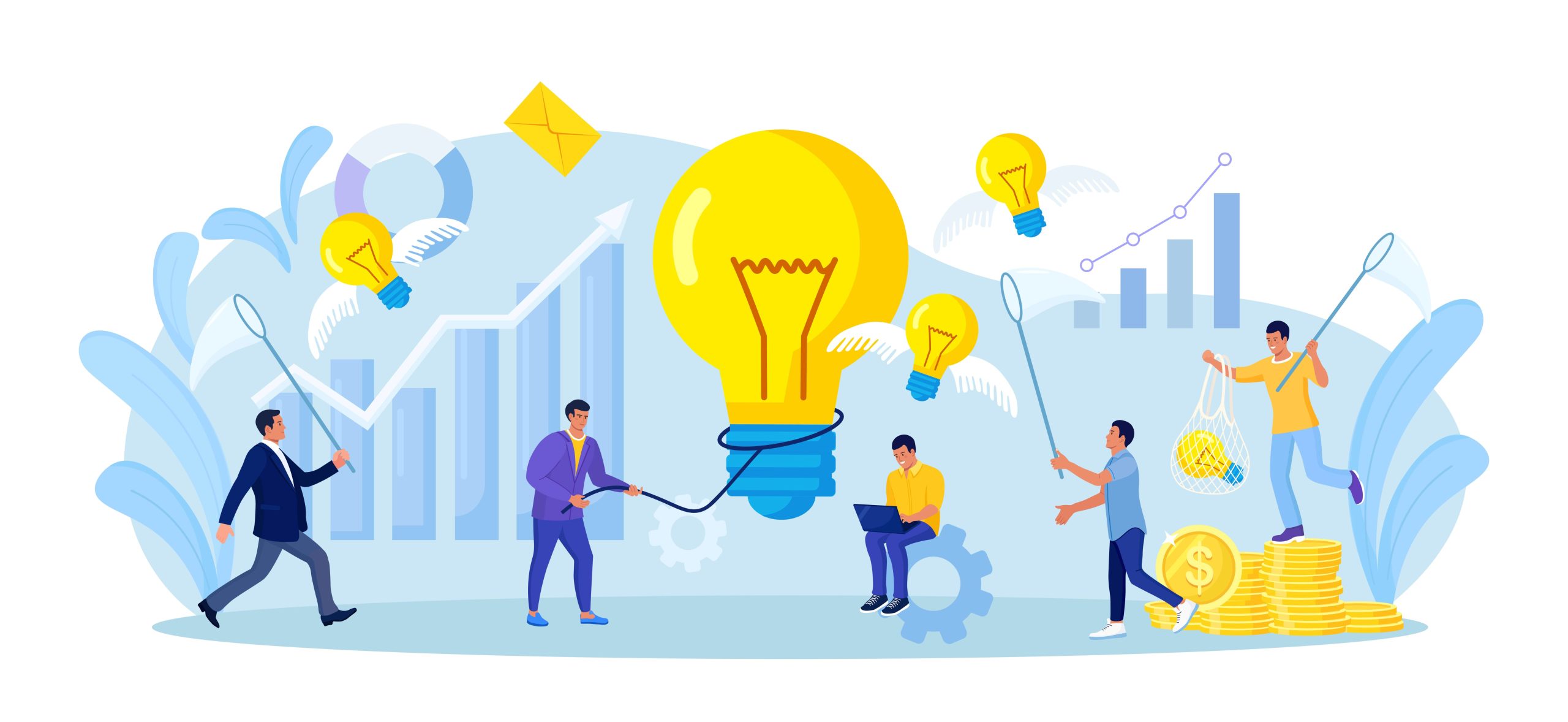 TCS-Jennifer-6 Businessman catches light bulb with lasso, butterfly net. Tiny people develop creative business idea, innovation project. Team analyzes brainstorming method. Businessmen solve problems find solutions