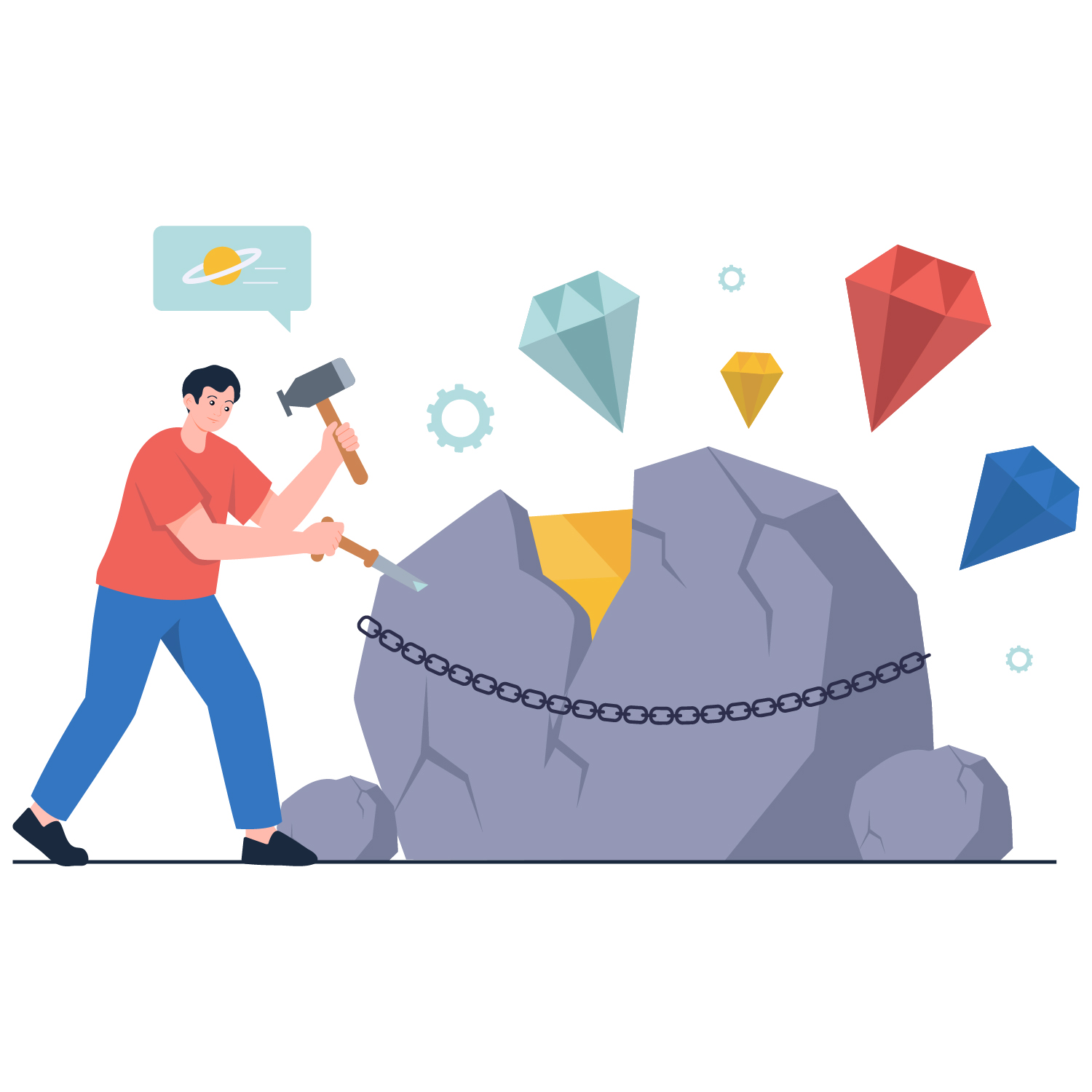 Cartoon artists finding "gems" in a rock