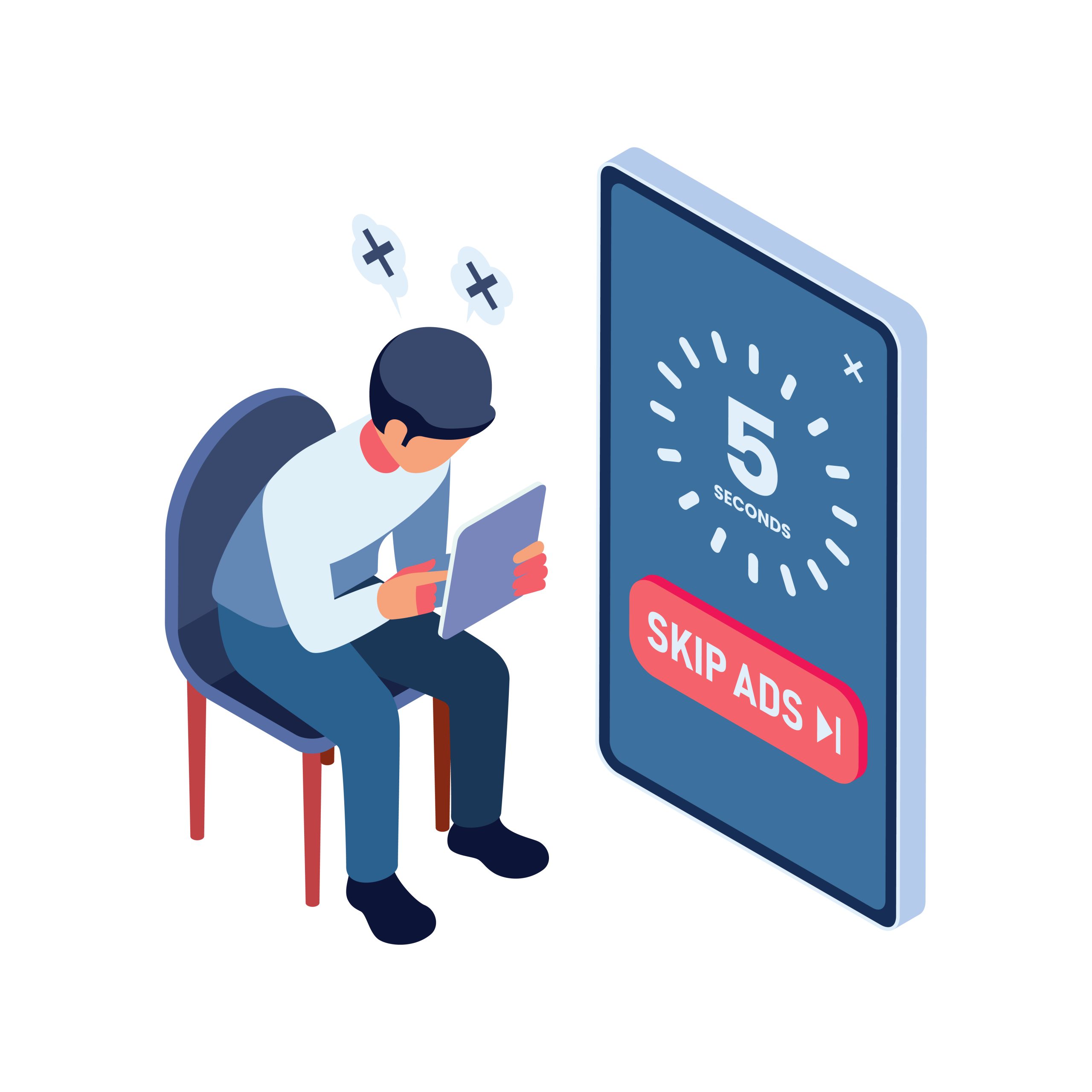 Man waiting to skip ads on computer